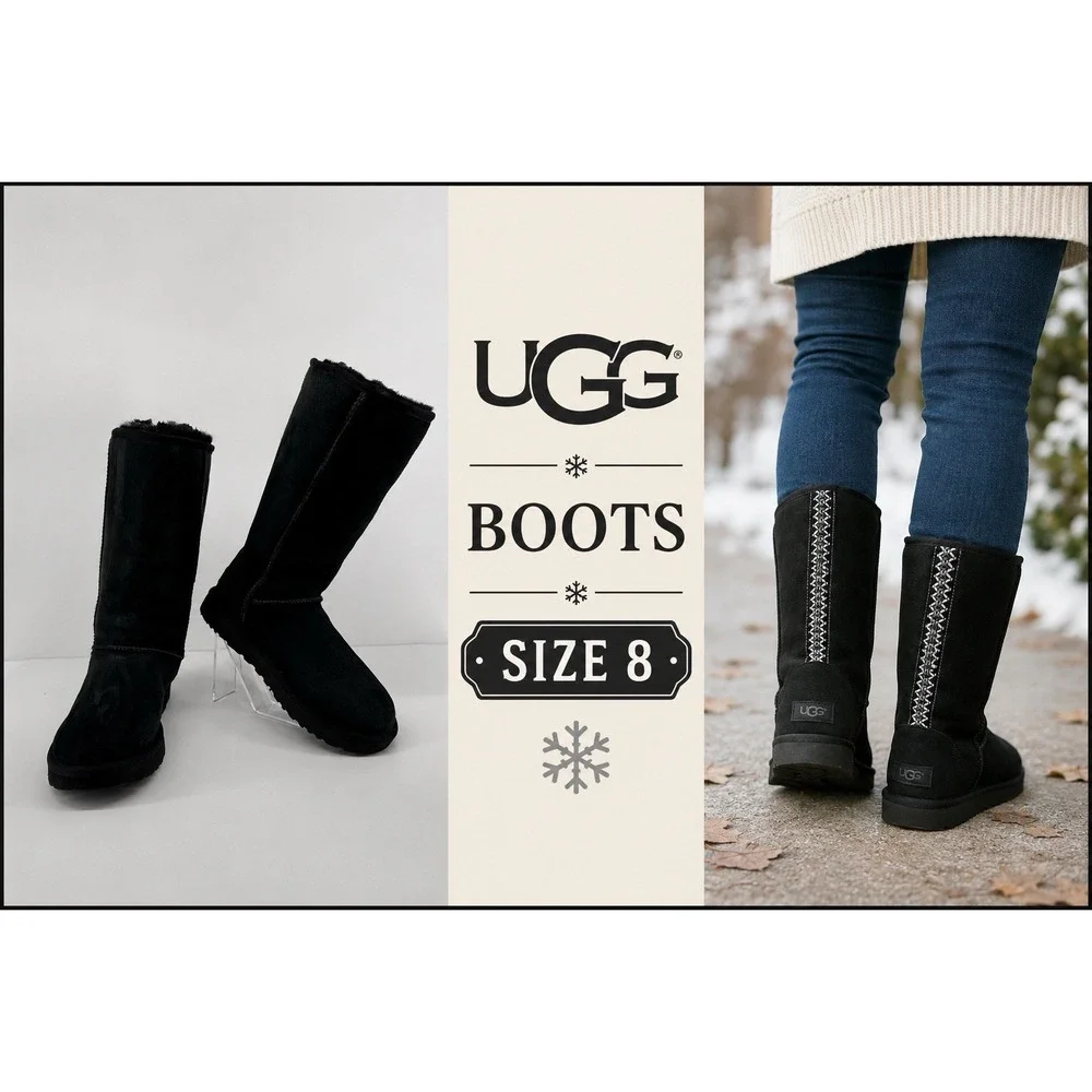 UGG Classic Tall Braid Black Sheepskin Boots Cozy Shearling Lined Winter Women 8